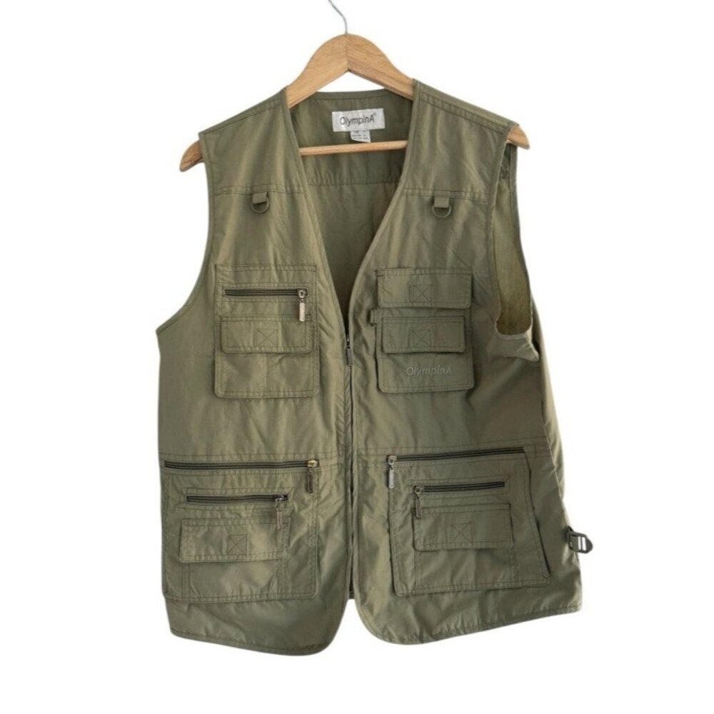 OlympinA Tactical Utility Vest Fishing 13 Pocket Men's Sz L Khaki Green